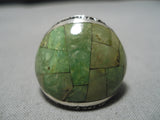Exquisite Navajo Native American Dome Green Turquoise Inlay Sterling Silver Ring-Nativo Arts