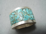Unique Vintage Native American Navajo Turquoise Chip Inlay Sterling Silver Ring-Nativo Arts