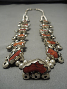 283 Gram Vintage Native American Navajo Coral Sterling Silver Squash Blossom Necklace Old-Nativo Arts