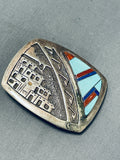 One Of The Most Detailed Vintage Native American Navajo Turquoise Inlay Sterling Silver Buckle-Nativo Arts