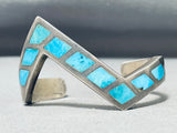 Dazzling Vintage Native American Navajo Turquoise Inlay Sterling Silver Zig Zag Bracelet-Nativo Arts