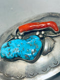 Remarkable Vintage Native American Navajo Morenci Turquoise & Coral Sterling Silver Buckle-Nativo Arts