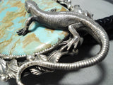 Gigantic Hueg Native American Lizard Sterling Silver Royston Turquoise Bolo Tie-Nativo Arts