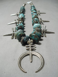 Heavy Cross Vintage Native American Navajo Turquoise Sterling Silver Squash Blossom Necklace-Nativo Arts