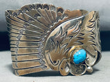 Extreme Detail Huge Vintage Native American Navajo Eagle Turquoise Sterling Silver Bracelet-Nativo Arts