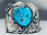 Museum Vintage Native American Navajo Big Turquoise Sterling Silver Leaf Flower Bracelet-Nativo Arts