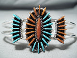 Important Native American Zuni Turquoise Coral Needlepoint Sterling Silver Bracelet-Nativo Arts