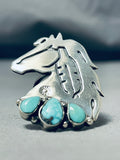 Horse And Feather Vintage Native American Navajo Turquoise Sterling Silver Ring-Nativo Arts