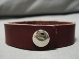 Unique!! Vintage Native American Navajo Turquoise Sterling Silver Inlay Leather Bracelet-Nativo Arts