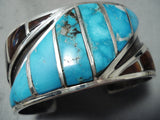 One Of The Best Vintage Native American Navajo Turquoise Inlay Sterling Silver Bracelet Huge-Nativo Arts