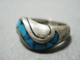 Detailed Vintage Native American Navajo Turquoise Wave Sterling Silver Ring Old-Nativo Arts