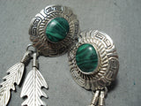 Amazing Vintage Native American Navajo Malachite Sterling Silver Feather Earrings-Nativo Arts