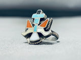 Traditional Vintage Native American Zuni Turquoise Coral Sterling Silver Knifewing Ring-Nativo Arts