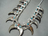 Authentic Native American Navajo Turquoise Coral Sterling Silver Squash Blossom Necklace-Nativo Arts