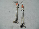 Long Cute Native American Navajo Coral Sterling Silver Fluted Earrings-Nativo Arts