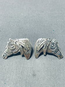 Important Native American Navajo Signed Sterling Silver Horses Earrings-Nativo Arts