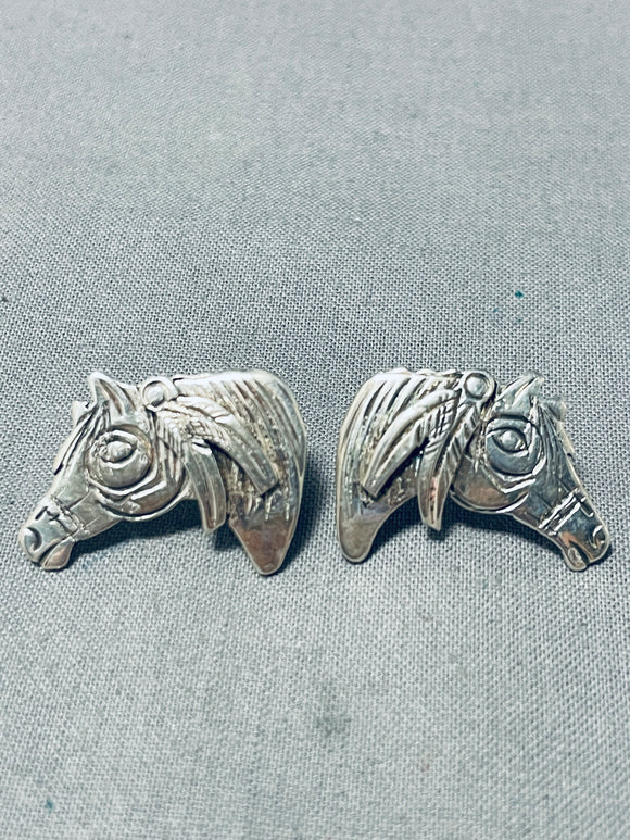 Important Native American Navajo Signed Sterling Silver Horses Earrings-Nativo Arts