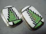 Tommy Jackson Vintage Native American Navajo Gaspeite Sterling Silver Inlay Earrings-Nativo Arts
