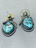 Cute Leaf And Turquoise Vintage Native American Navajo Sterling Silver Earrings Old-Nativo Arts