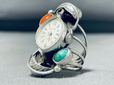 Native American Extremely Rare Watch Turquoise Coral Sterling Silver Ring-Nativo Arts