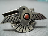Aaron John Navajo Coral Sterling Silver Hummingbird Ring Native American-Nativo Arts