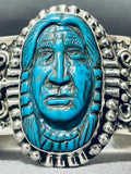 One Of Most Detailed Chief Head Hand Carved Turquoise Sterling Silver Bracelet-Nativo Arts