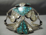Native American Detailed Vintage Navajo Turquoise Pearl Sterling Silver Inlay Bracelet Old-Nativo Arts