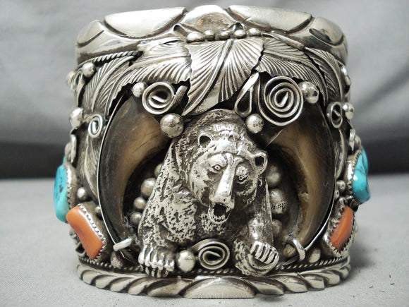 Biggest Best Vintage Native American Navajo Bear Turquoise Coral Sterling Silver Bracelet-Nativo Arts