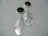 Incredible Native American Navajo Black Onyx Sterling Silver Feather Earrings-Nativo Arts