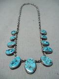 Unforgettable Signed Vintage Native American Navajo Morenci Turquoise Sterling Silver Necklace-Nativo Arts