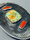 Signed Vintage Native American Navajo Royston Turquoise Sterling Silver Buckle-Nativo Arts