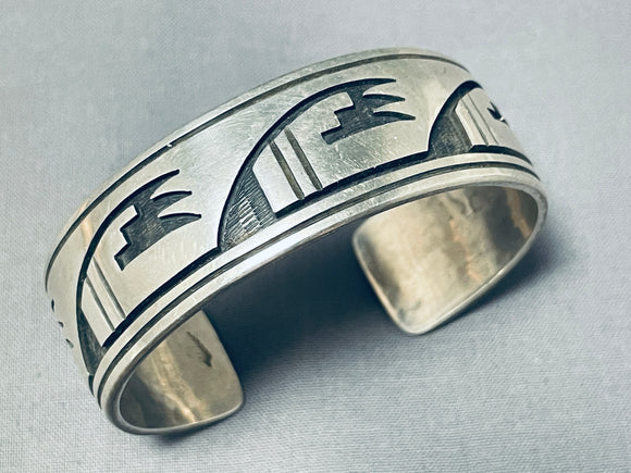 Long Wave Vintage Native American Hopi Hand Carved Sterling Silver Bracelet Cuff-Nativo Arts