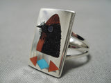Important Harlan Coonsis Native American Zuni Coral Turquoise Bird Sterling Silver Ring-Nativo Arts