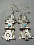 Huge Vintage Navajo Turquoise Kachina Sterling Silver Native American Earrings-Nativo Arts