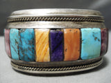 One Of Best Vintage Native American Navajo Turquoise Sterling Silver Row Inlay Bracelet Heavy-Nativo Arts