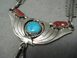 Fascinating Tso Vintage Native American Navajo Turquoise Coral Sterling Silver Feathers Necklace-Nativo Arts