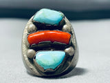 Native American Heavy Mens 34 Grams Turquoise Coral Sterling Silver Ring Old-Nativo Arts