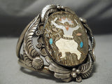 Huge Dancing Kachina Turquoise Vintage Native American Navajo Sterling Silver Bracelet Old-Nativo Arts