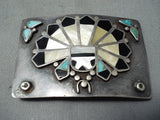 Heavy Detailed Vintage Native American Zuni Turquoise Sterling Silver Inlay Buckle Old-Nativo Arts