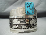 One Of Most Detailed Vintage Native American Navajo Turquoise 14k Gold Sterling Silver Bracelet-Nativo Arts