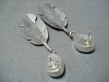Signed Native American Navajo Royston Turquoise Sterling Silver Feather Earrings-Nativo Arts