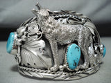 Detailed Howling Wolf Native American Navajo Turquoise Sterling Silver Bracelet-Nativo Arts