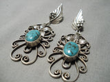 One Of Most Intricate Vintage Native American Navajo Spider Turquoise Sterling Silver Earrings-Nativo Arts