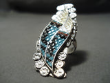 Huge Hand Carved Zuni Native American Turquoise Coral Sterling Silver Ring-Nativo Arts