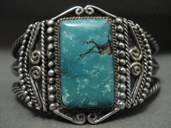 Earlier 1900's Vintage Navajo 'Squared Turquoise' Coiled Native American Jewelry Silver Bracelet-Nativo Arts