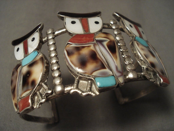Earlier 1900's Vintage Navajo/ Zuni 'Triple Owl' Native American Jewelry Silver Bracelet-Nativo Arts