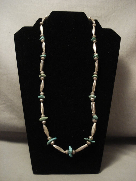 Earlier Vintage Navajo Hand Wrought Native American Jewelry Silver Torpedo Turquoise Native American Jewelry Silver Necklace-Nativo Arts