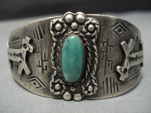 Early 1900's Animal Green Turquoise Vitage Native American Jewelry Navajo Sterling Silver Bracelet-Nativo Arts