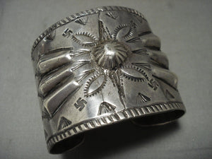 Early 1900's Hand Pounded Coin Native American Jewelry Silver 'Whirling Logs' Native American Jewelry Silver Bracelet Old-Nativo Arts