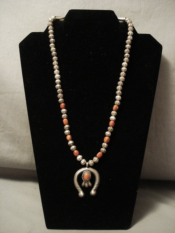 Early 1900's Vintage Navajo Coral Hogan Bead Native American Jewelry Silver Necklace Old-Nativo Arts